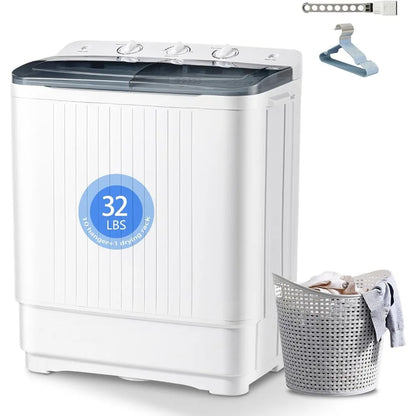 Portable Washing Machine, 32lbs Twin Tub (20lbs Washer + 12lbs Spinner) with 10 Hangers and Drying Rack, Semi-Automatic Compact