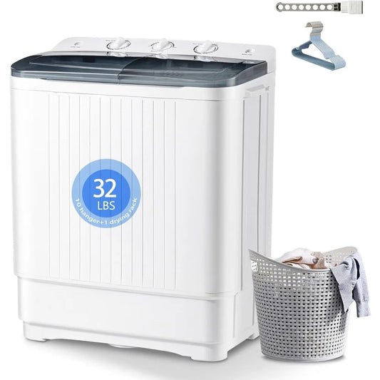 Portable Washing Machine, 32lbs Twin Tub (20lbs Washer + 12lbs Spinner) with 10 Hangers and Drying Rack, Semi-Automatic Compact