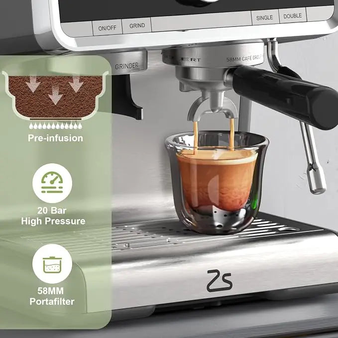 Espresso Machine 20 Bar, Semi Automatic Espresso Maker with Grinder, Stainless Steel, Latte & Cappuccino Espresso Coffee Machine with/Automatic Milk Frother & 95 oz Water Tank for Office