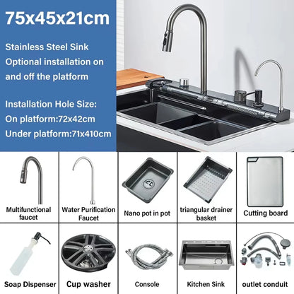 304 Stainless Steel  Multifunctional Kitchen Sink Faucet Set Rainfall Spout Pull Out Sprayer Pure Tap Cold Hot Water Mixer
