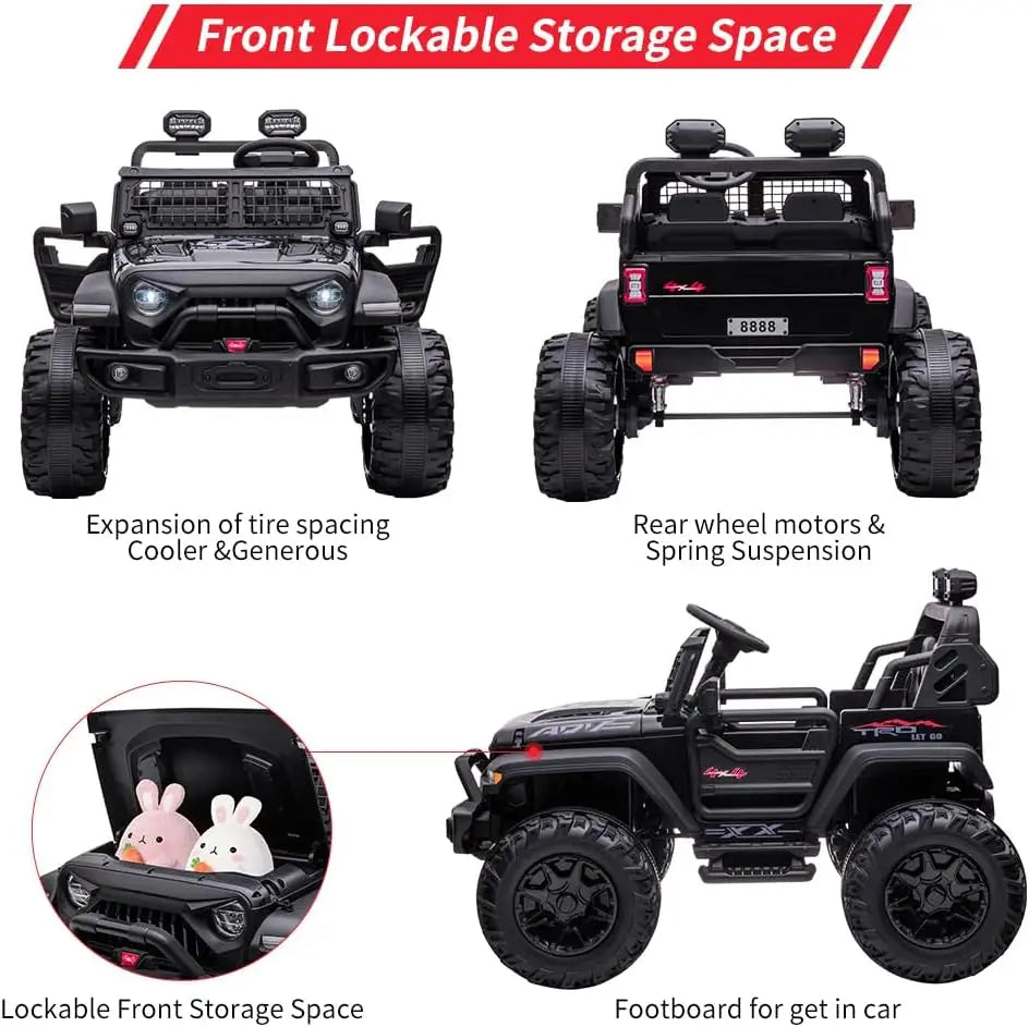 2 Seaters Kids Ride On Truck with Remote Control, 24V 9Ah 20" Large Seat 15.5" Wheels,Electric Riding Car with Led Light Music