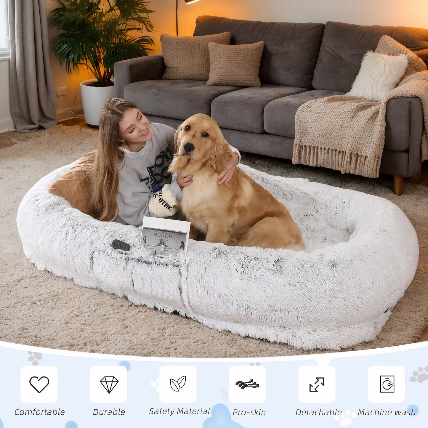 Human Dog Bed, Washable Faux Fur Dog Bed for People Doze Off, Napping Orthopedic Dog Bed,71''x45''x14'' Size Fits You and Pets