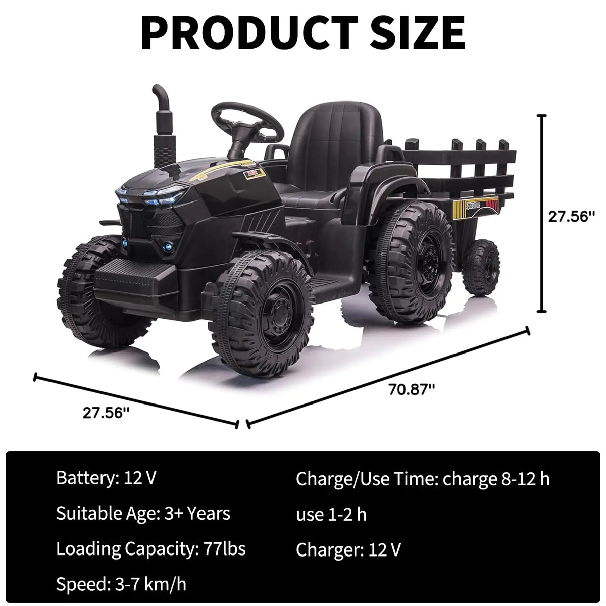 12V Kids Ride On Tractor With Trailer, Dual 35W Motors, 3 Speed Electric Farm Truck, LED Lights, Music, USB, Outdoor, Ages 3-6