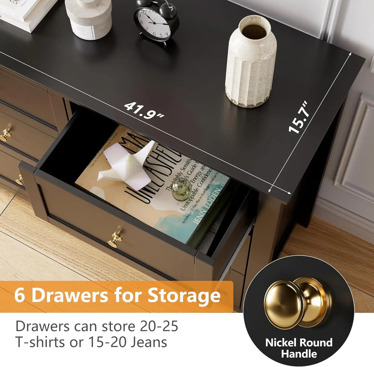 6 Drawer Dresser for Bedroom, Simply Modern Chest of Drawers, Wood Storage Double Dresser with Deep Drawers for Living Room, Hallway Entryway