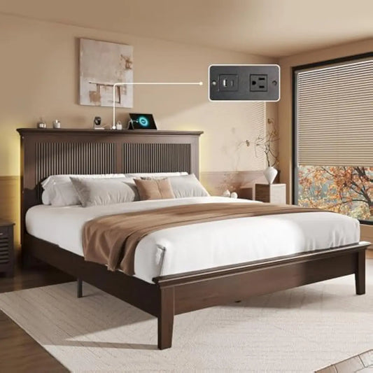 Queen Bed Frame Solid Wood And Metal Construction Tall 41 Inch Headboard With Built In USB Charging Port Smart RGB LED Lighting