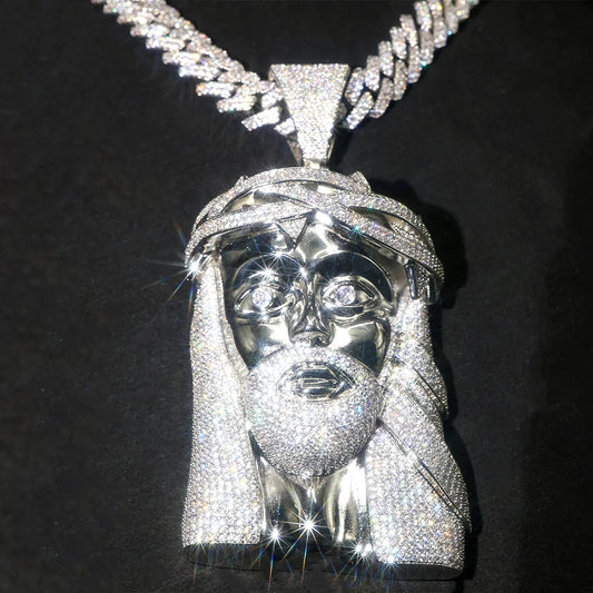 Hip Hop Pendant Necklace, Iced Out Jesus Head Design, Party Performance Accessory, Hip Hop Jewelry, With Certificate