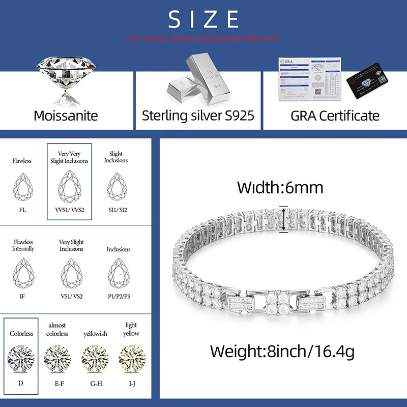 6mm Round Cut Moissanite Tennis Bracelet for Women GRA Certified 925 Sterling Silver 2 Rows Tennis Bracelets Fine Jewelry Gifts
