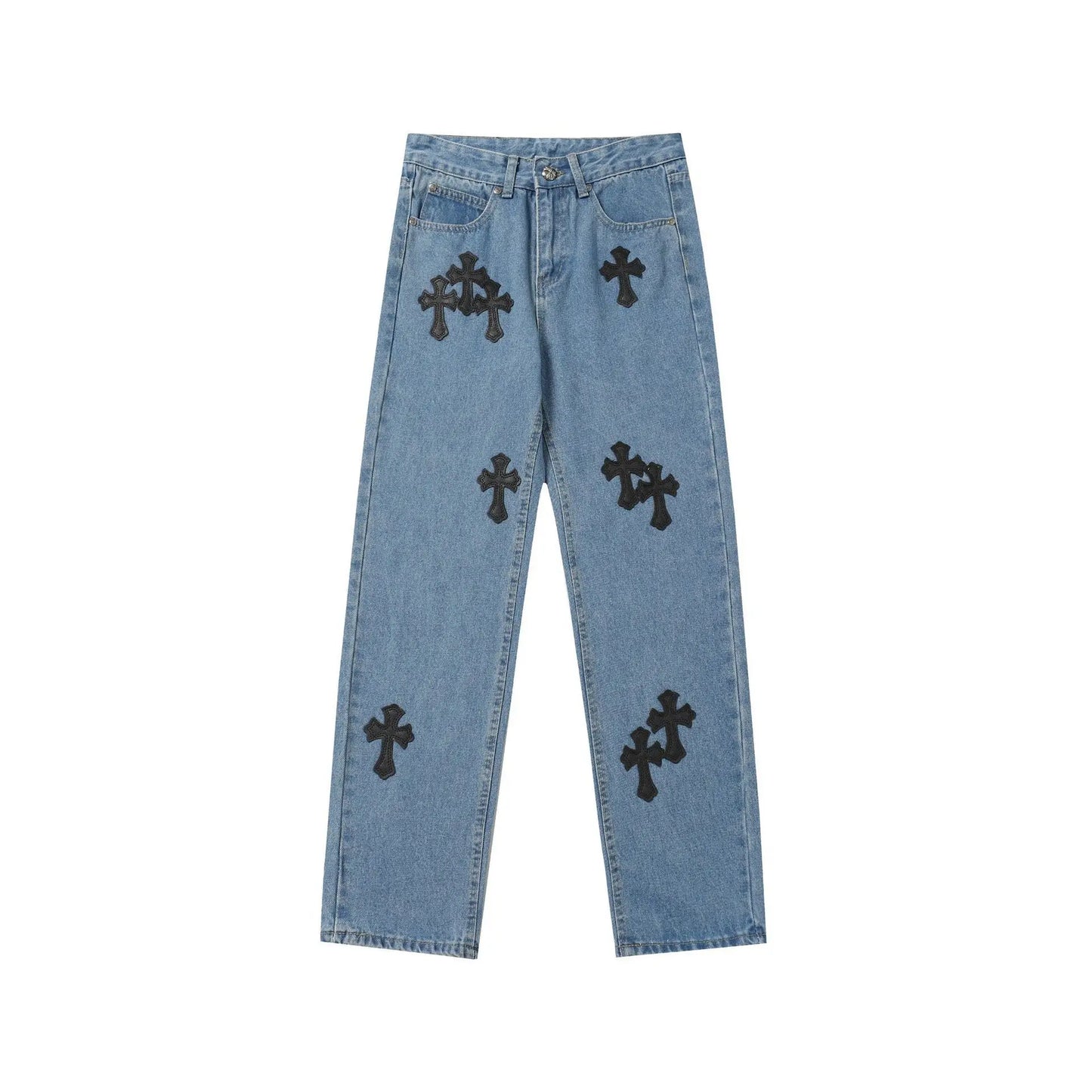 Classic Luxury Brand Men Women Leather Jeans Totem Patch Casual Pants Fashion Metal Embellished Couple Wear 2025