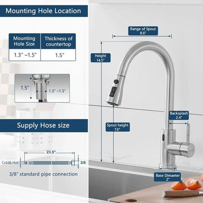 Touchless Kitchen Faucet with Pull Down Sprayer Motion Sensor Hands-Free Smart Activated Brushed Nickel Sink Faucets