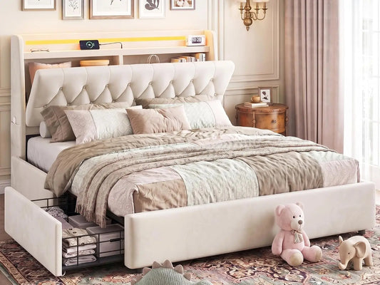 MapleGrace Full Size Bed Frame with 2 Storage Drawers & Hidden Headboard