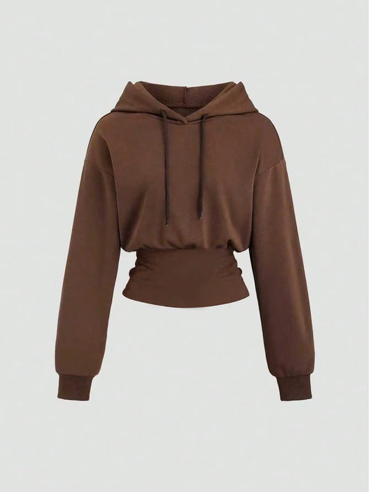 Sweetra Women's Brown Hooded Cinched Waist Long Sleeve Sweatshirt, Autumn/Winter