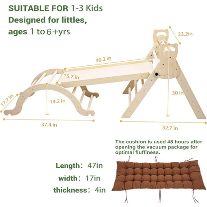 Large Foldable Toddler Climbing Toys Indoor Jungle Gym Pikler Triangle Set with Cushion Slide and Arch 7in1 Montessori Climbing