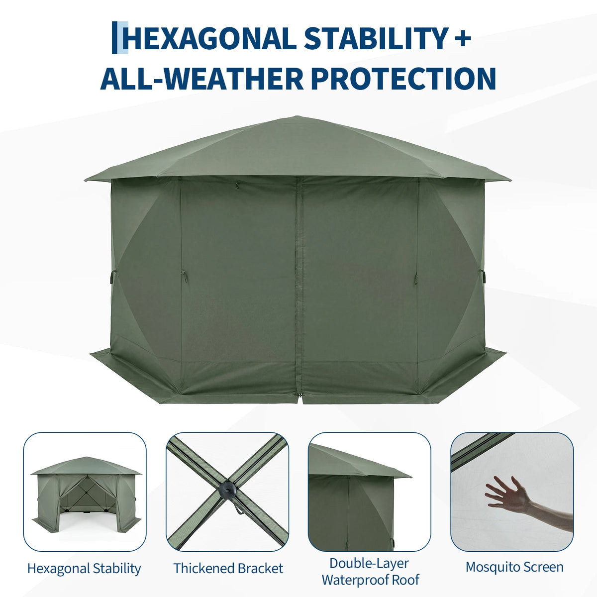 Starry Sky Shed Outdoor Tent with Eaves Hexagonal 13x13FT with 6-sided Screen Khaki/Green 210D Oxford Cloth Large Folding Canopy Screen Tent Ind Cloth, Bite-Proof Mesh, Carry Bag, Easy Setup Outdoor Shelter for Patio, Backyar