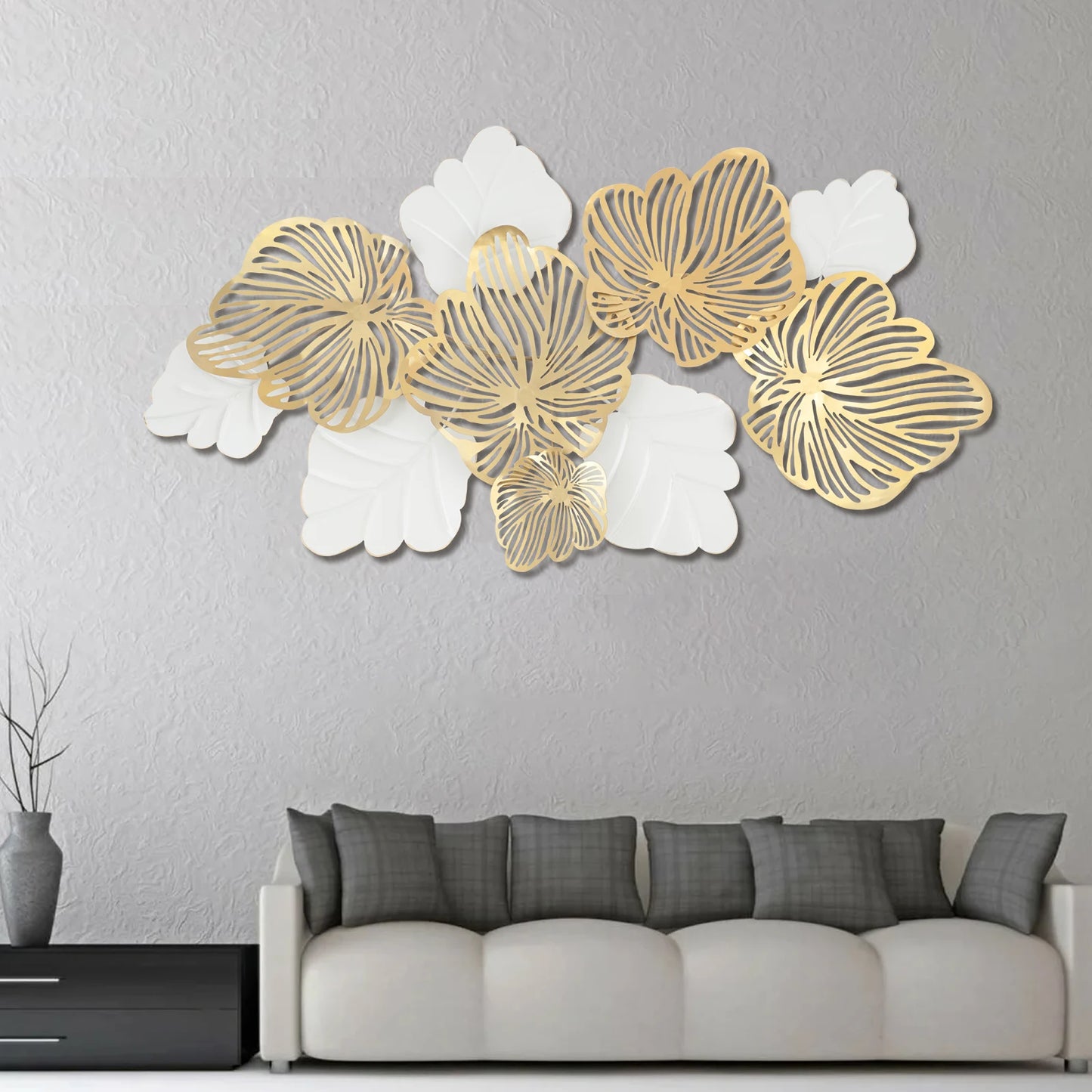 52"x28" 3D Metal Wall Art Leaves, "Gold Flower Blooming" Handmade Wall Hanging Artwork Decoration for Living Room Bedroom Gifts