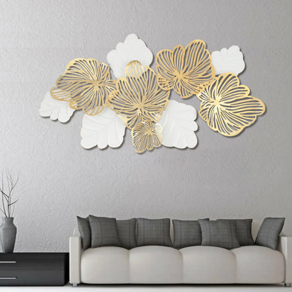 52"x28" 3D Metal Wall Art Leaves, "Gold Flower Blooming" Handmade Wall Hanging Artwork Decoration for Living Room Bedroom Gifts