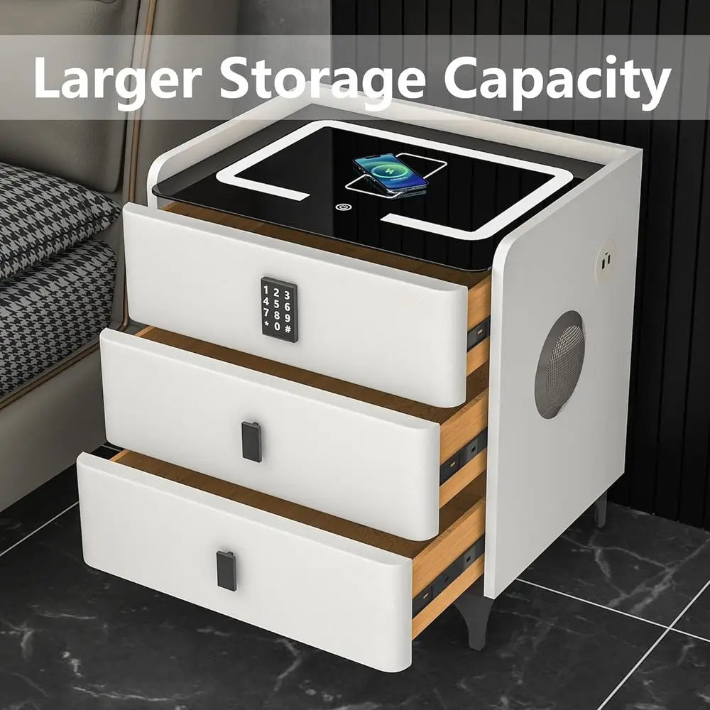 Bedroom LED Nightstand with Charging, Security Code, Wireless Charging, Bluetooth Speaker & USB Port (White)