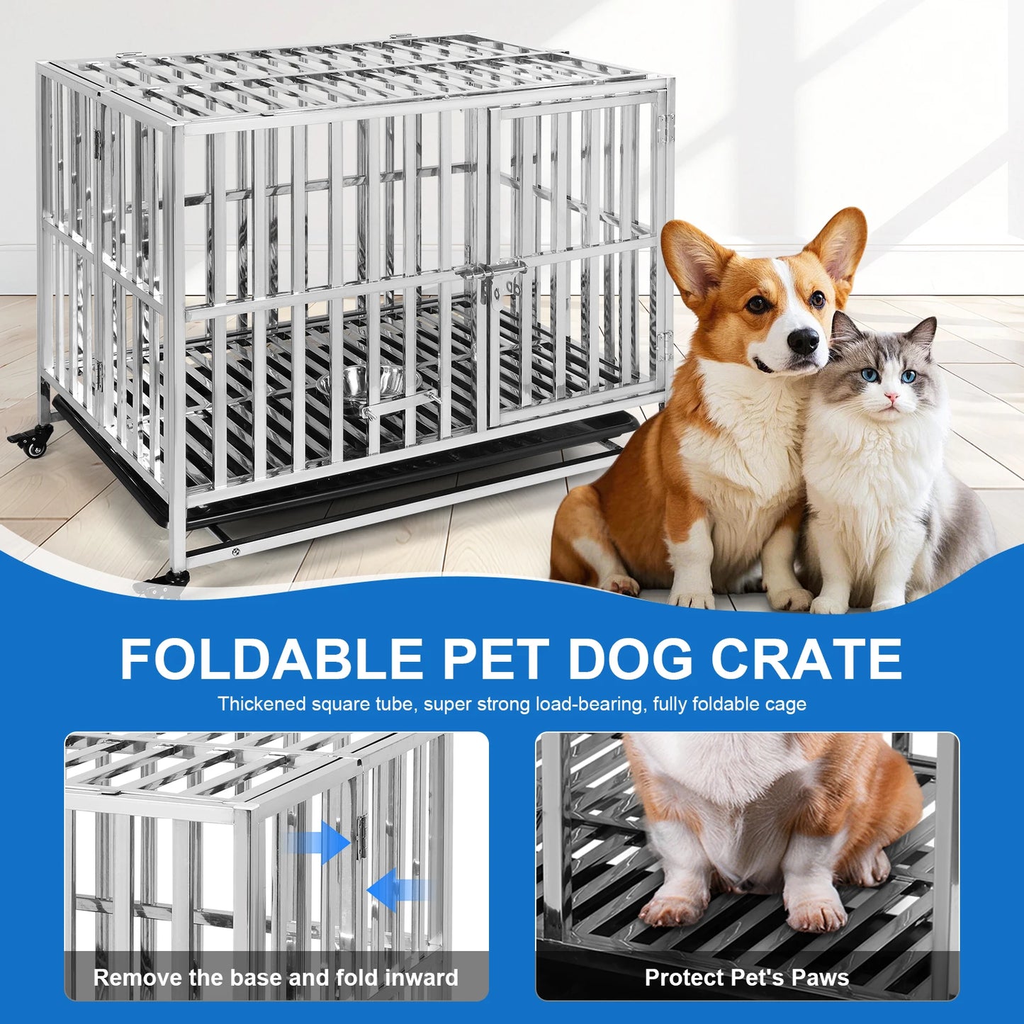 37 Inch Steel Tube Metal Pet Dog Crate with Tray Feeding Bowl Dog Crate Cage Kennel for High-Anxiety and Extra Large Dogs