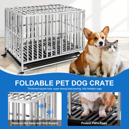 37 Inch Steel Tube Metal Pet Dog Crate with Tray Feeding Bowl Dog Crate Cage Kennel for High-Anxiety and Extra Large Dogs