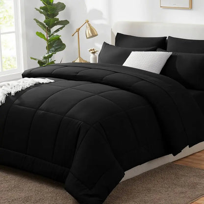 Queen Comforter Set Black, 7 Pieces Bed in a Bag, Black Comforter Queen Size, All Season Bedding Sets with Stitch Quilted Comfor