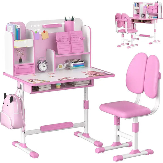 Kids Desk and Chair Set, Height Adjustable Study Table with Ergonomic Posture Corrector, Ideal Home School Furniture for Childre