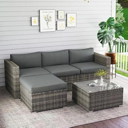 5-Pieces Outdoor Patio Furniture Sets with Cushions & Glass Coffee Table, All Weather Wicker Rattan Sectional Sofa Set