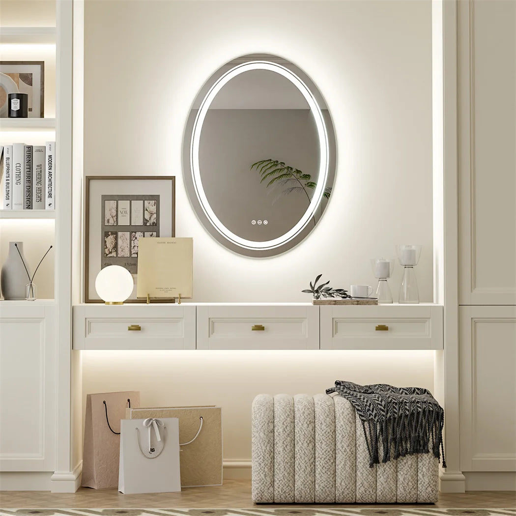 60x80cm Oval Wall Mounted LED Lighted Bathroom Mirror Anti-Fog Dimmable Vanity Makeup Mirror Backlit Home Bathroom Decor