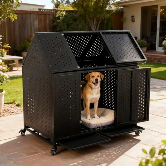 44 Inch Heavy Duty Indestructible Dog Crate Steel Escape Proof Chew Proof Cage Indoor Double Door Kennel for High Anxiety Large
