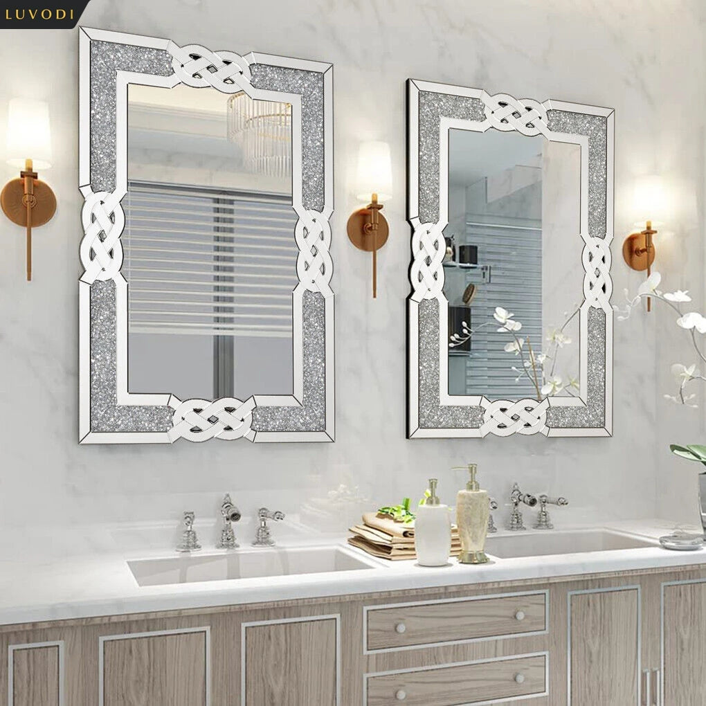 LUVODI Wall Decorative Mirror Silver Crystal Crush Glass Mirror for Living Room/Bed/Dining Room/Bath Room Decor