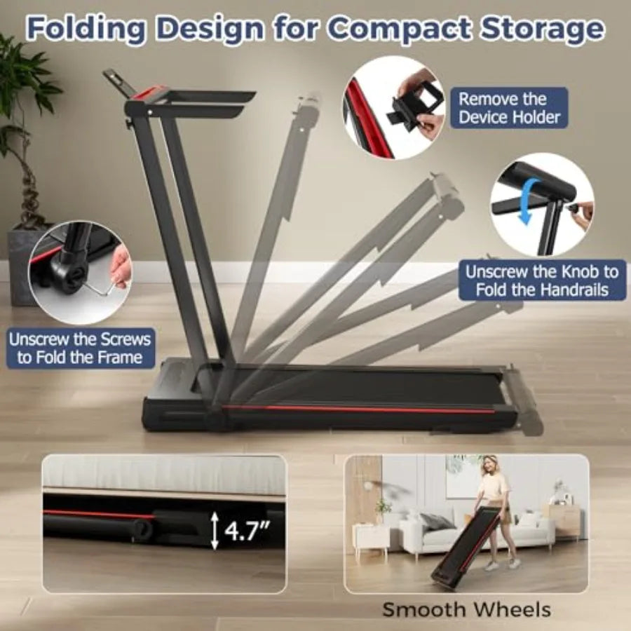 Under desk walking pad treadmill for home gym use, foldable steel frame in black, 3-in-1 design with removable desktop, remote
