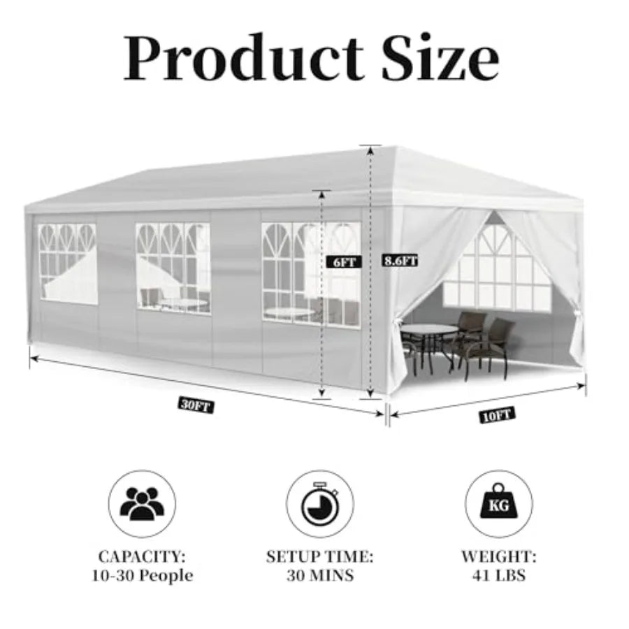 10x30FT Outdoor Party Tent with 8 Removable Sidewalls, PE Fabric Gazebo Shelter with Steel Frame, Ropes and Stakes Included for