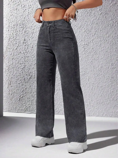 High Waist Wide Leg Washed Denim Jeans for Women - Casual Streetwear Style