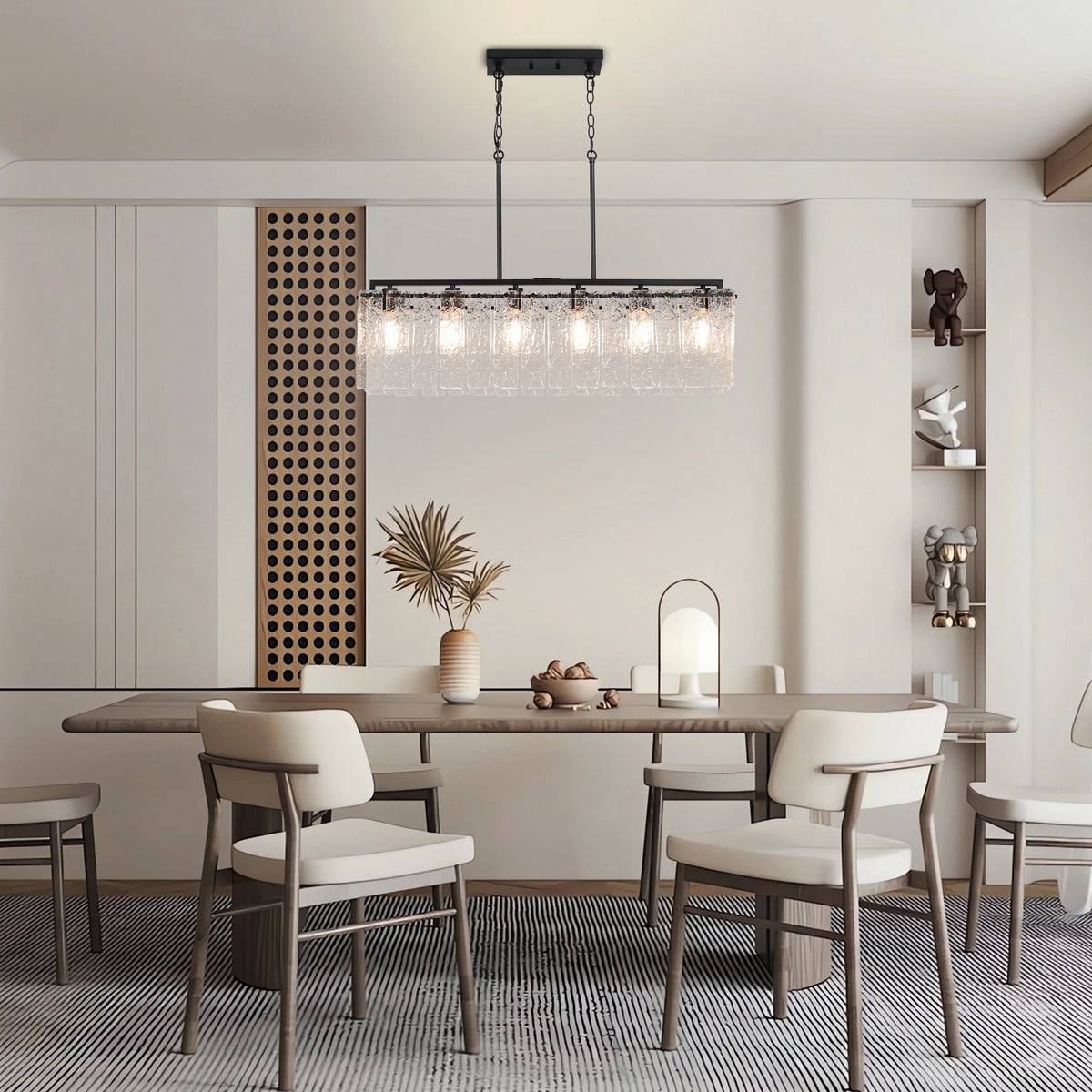 Rectangle Chandeliers for Dining Room 37" Water Ripple Glass Island Light Fixture Kitchen Island Lighting Adjust Height