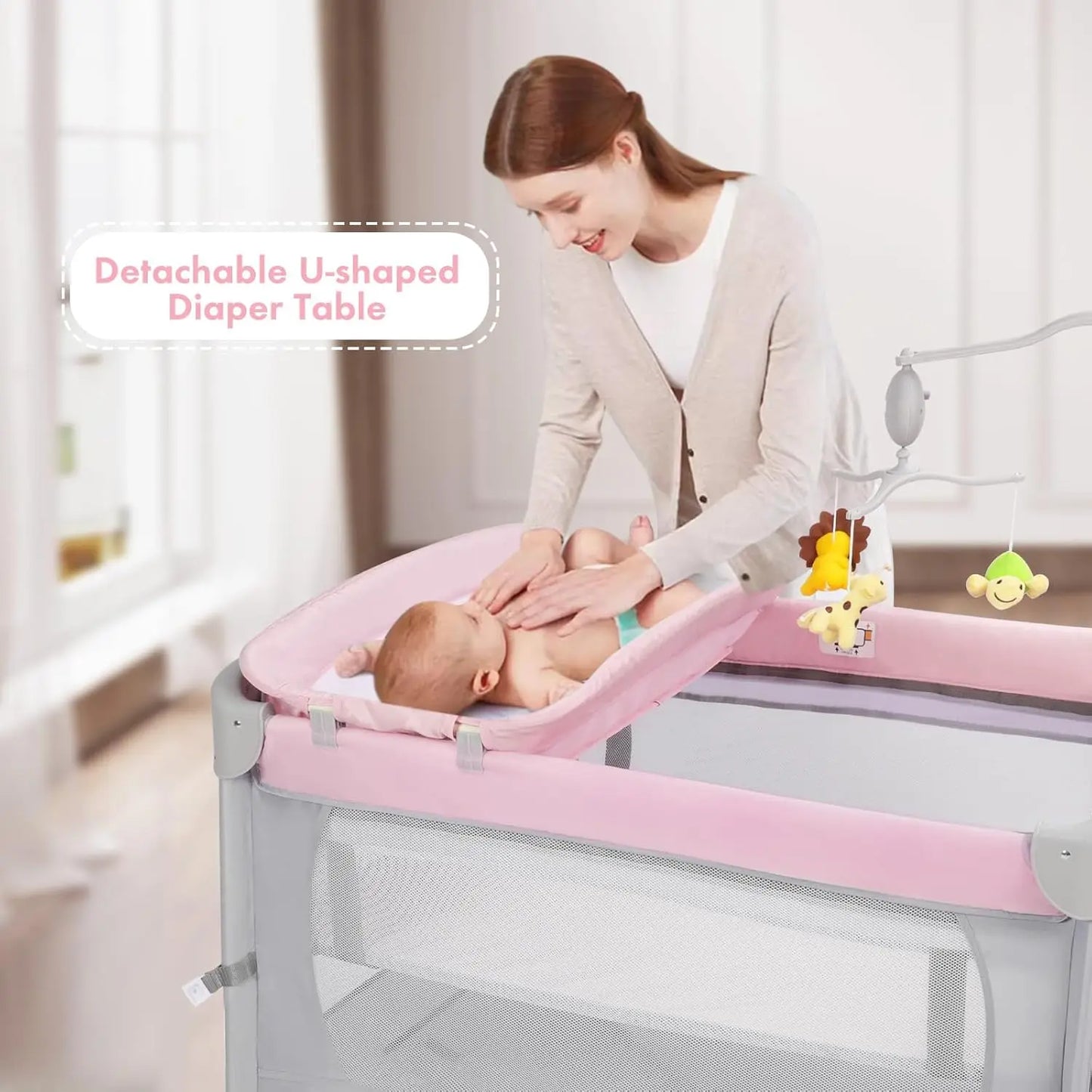 5-in-1 Pink Baby Bassinet Bedside Crib, Foldable Playard with Travel Bag for Infant Newborn