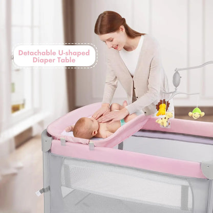 5-in-1 Pink Baby Bassinet Bedside Crib, Foldable Playard with Travel Bag for Infant Newborn
