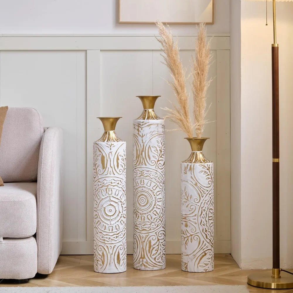 Set of 3 White & Gold Metal Vases - Stylish Floor Decoration, 24in/28.7in/33.5in Tall for Elegant Home Décor