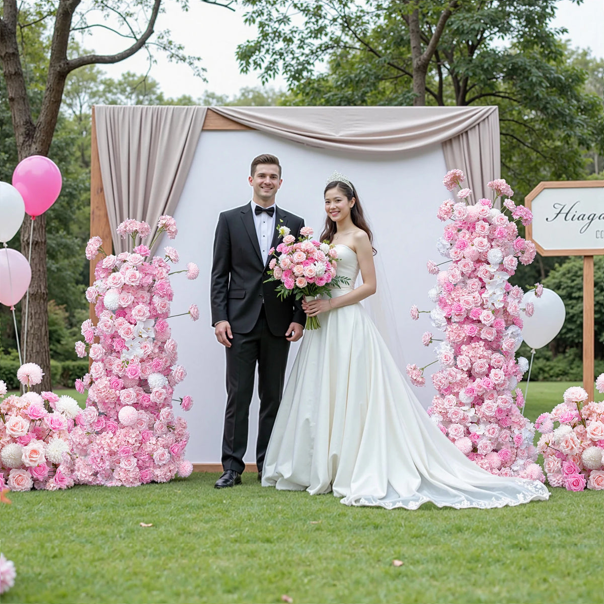 Angela A8961 Artificial Pink Pompom Hydrangea KT Board Wedding Backdrop Floral Arrangemant Decor Aisle Floor Flower Event Props