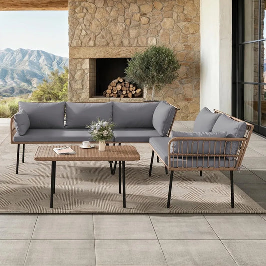 4-Piece Wicker Patio Furniture Set, All Weather PE Rattan Conversation Set Sectional Sofa with Soft Cushions & Side Table