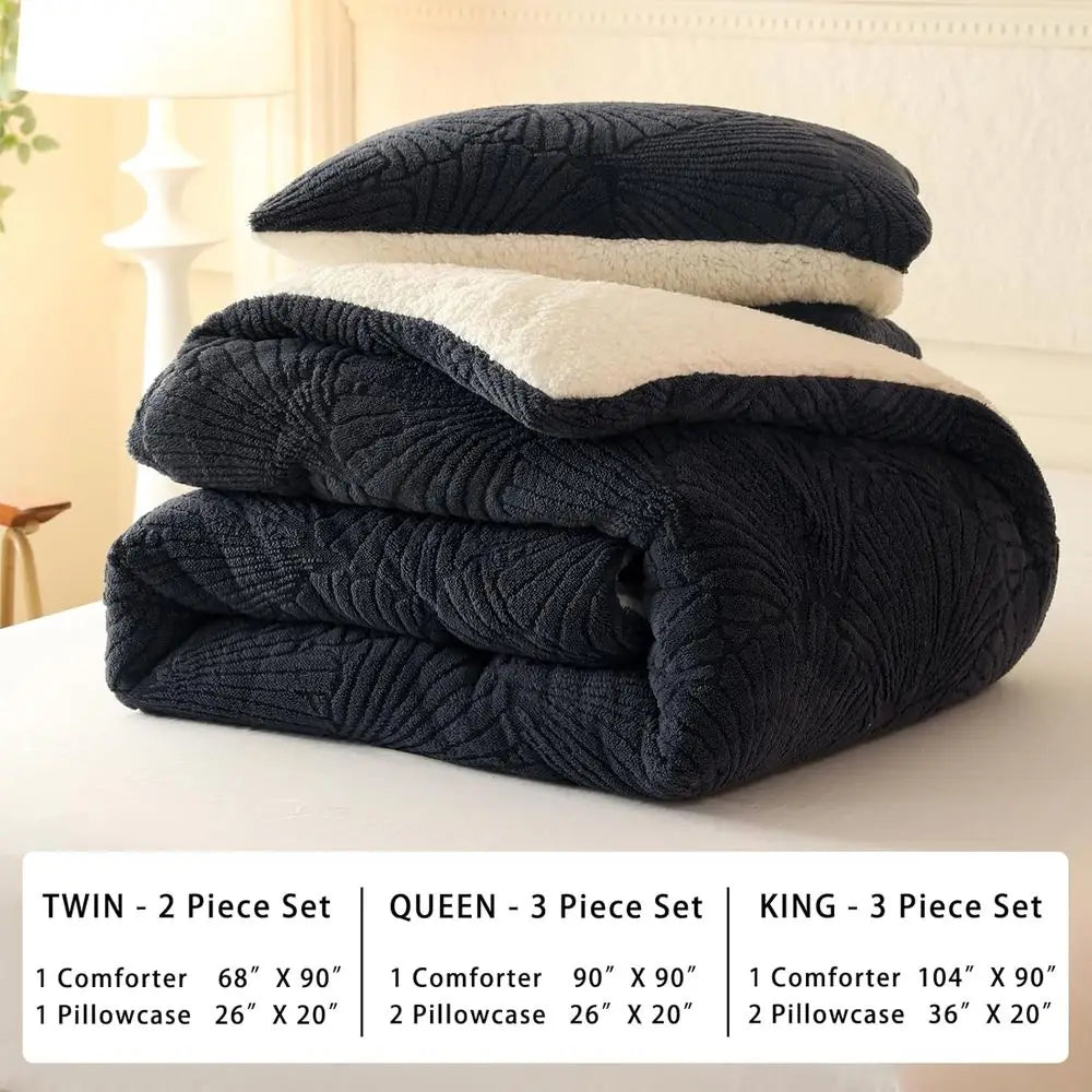 Sherpa Comforter Set Warm Cozy Premium Bedding, 3 Pieces, Full/Queen Size Geometric Quilt with 2 Pillowcases (90x90 Grey)