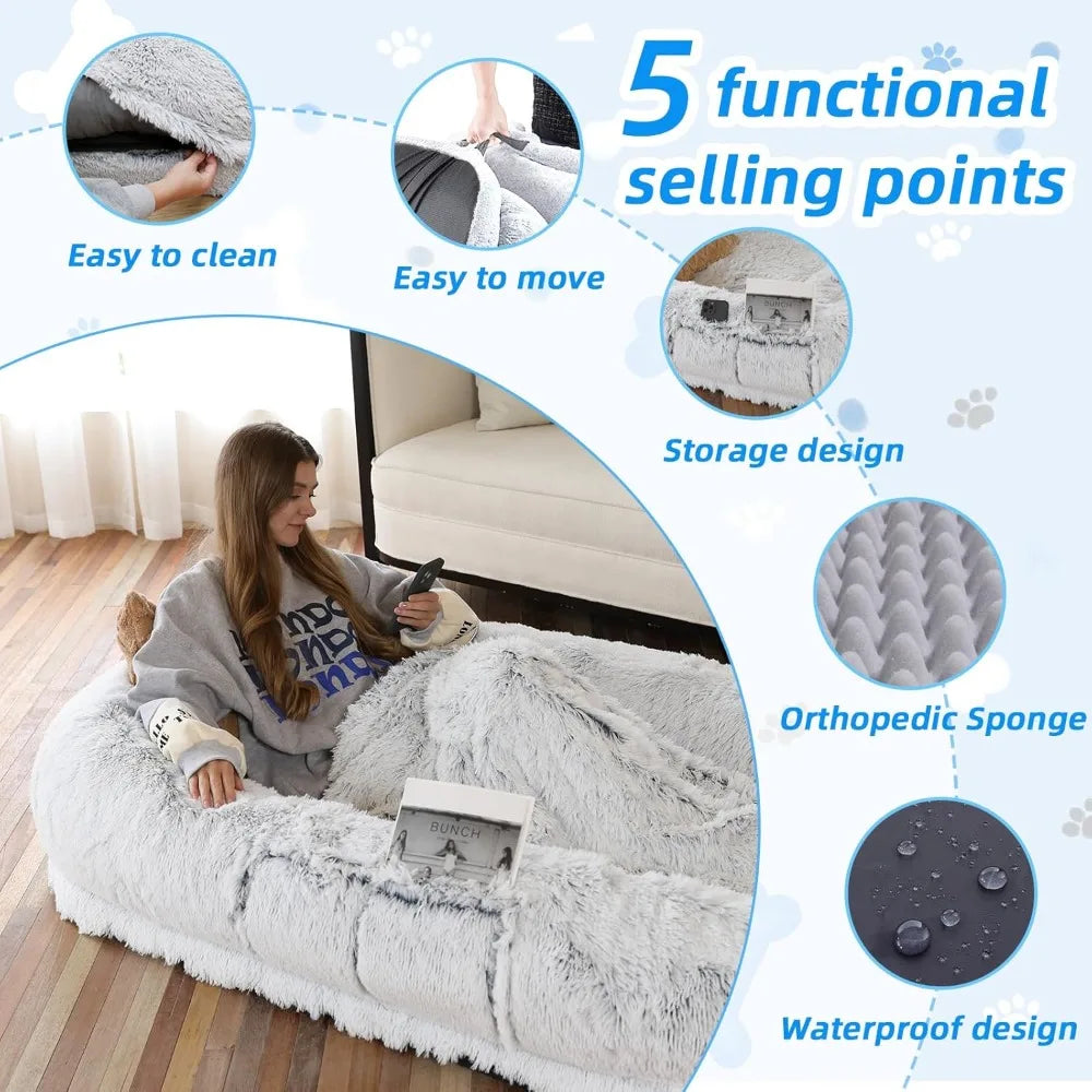 Dog Bed - 71x45x12 Fits You & Pets, Washable Faux Fur, Orthopedic, Plump Pillow, Blanket, Strap - Grey