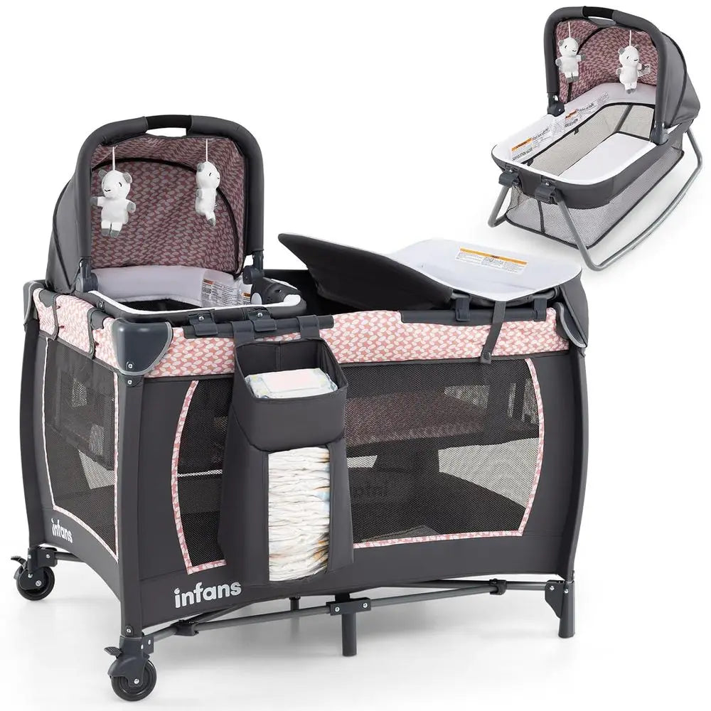 Portable Baby Playard with Bassinet, Changer, Mattress, Storage, and Toys in Pink