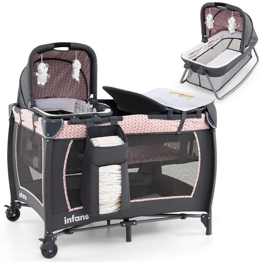 Portable Baby Playard with Bassinet, Changer, Mattress, Storage, and Toys in Pink