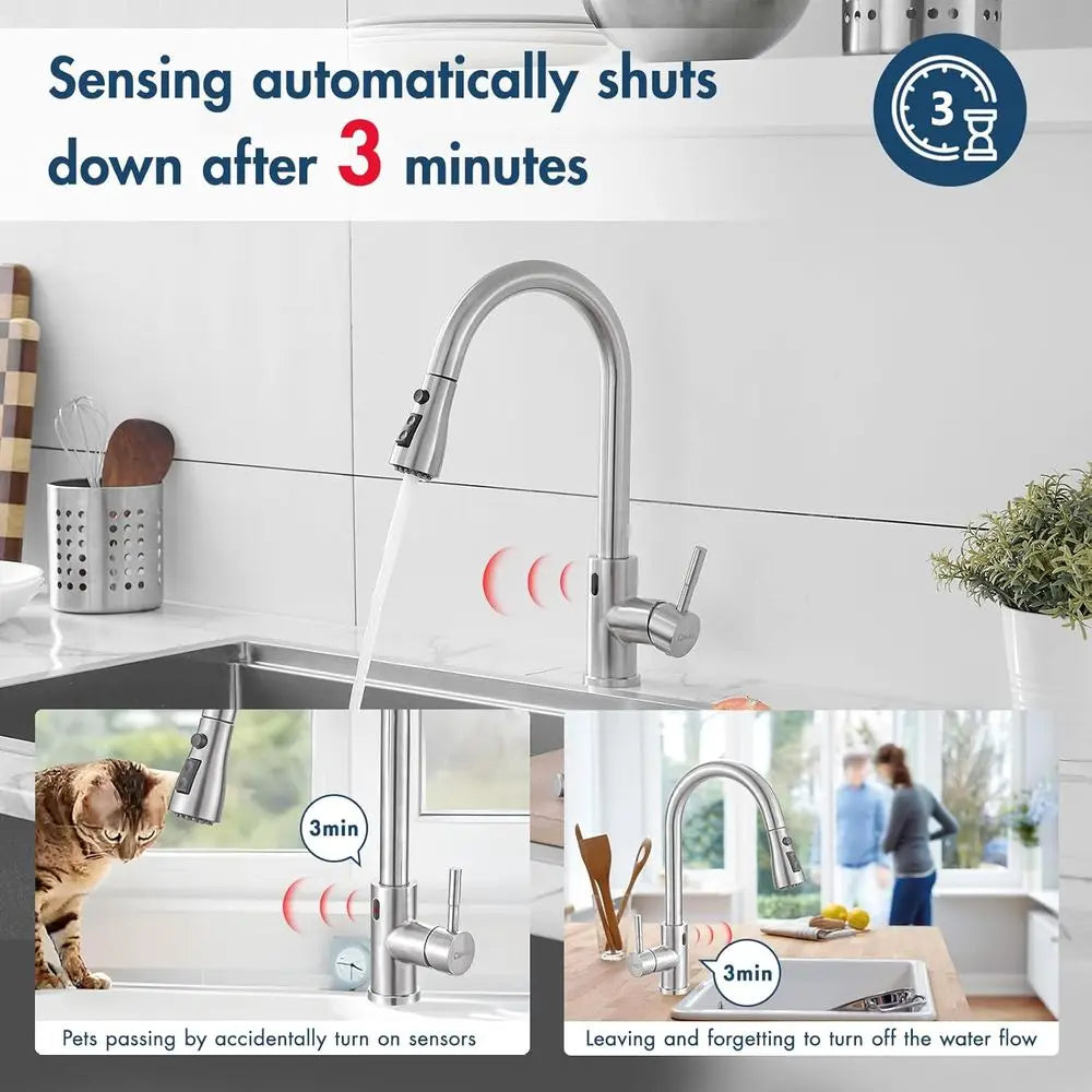 Touchless Kitchen Faucet with Pull Down Sprayer Motion Sensor Hands-Free Smart Activated Brushed Nickel Sink Faucets