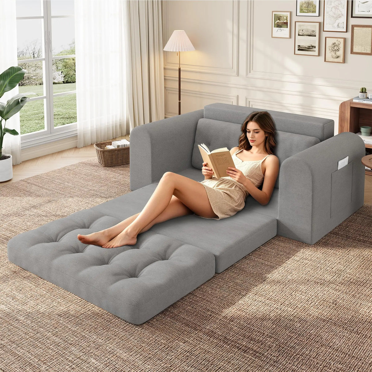 Convertible Corduroy Sofa Bed - 59 Inch Loveseat Futon Couch - Pull Out Sleeper, Folding Design for Living Room or Bedroom - Space-Saving, Comfortable Seating