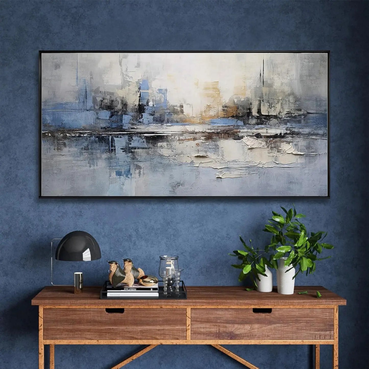 Blue and White Abstract Wall Art Large Framed Canvas Painting for Living Room Bedroom Office Decor Ready to Hang 30x60 Inches