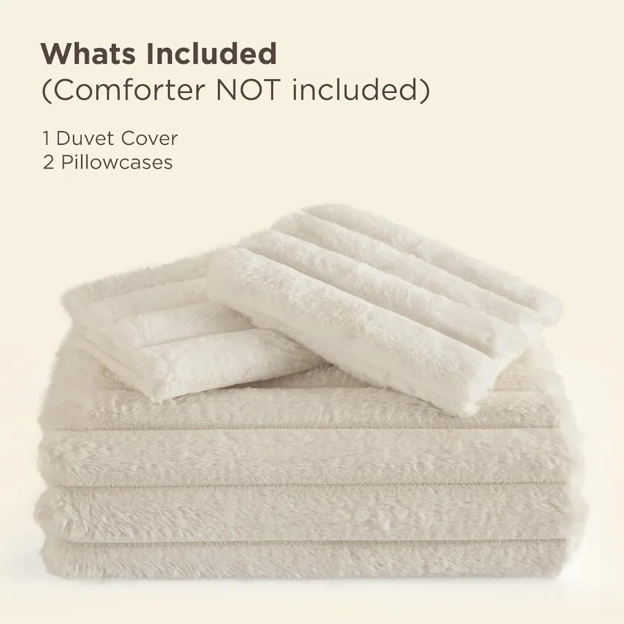 Queen Size Faux Fur Duvet Cover Set in Beige - Soft Cozy Shaggy Winter Warm Luxury Fuzzy Bedding with 1 Duvet Cover and 2 Pillo