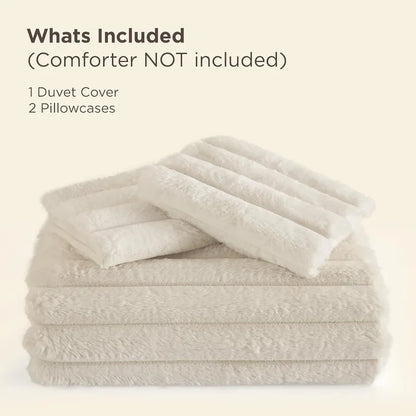 Queen Size Faux Fur Duvet Cover Set in Beige - Soft Cozy Shaggy Winter Warm Luxury Fuzzy Bedding with 1 Duvet Cover and 2 Pillo