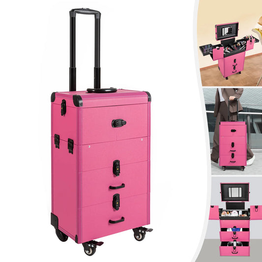 Lockable Portable Makeup Storage Car Rolling Makeup Box - Rose Red