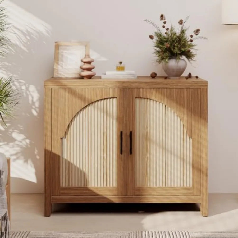 37 Fluted Sideboard Buffet Cabinet with Storage for Dining Room or Living Room, Elegant Beige Finish, Ample Shelving and Drawer