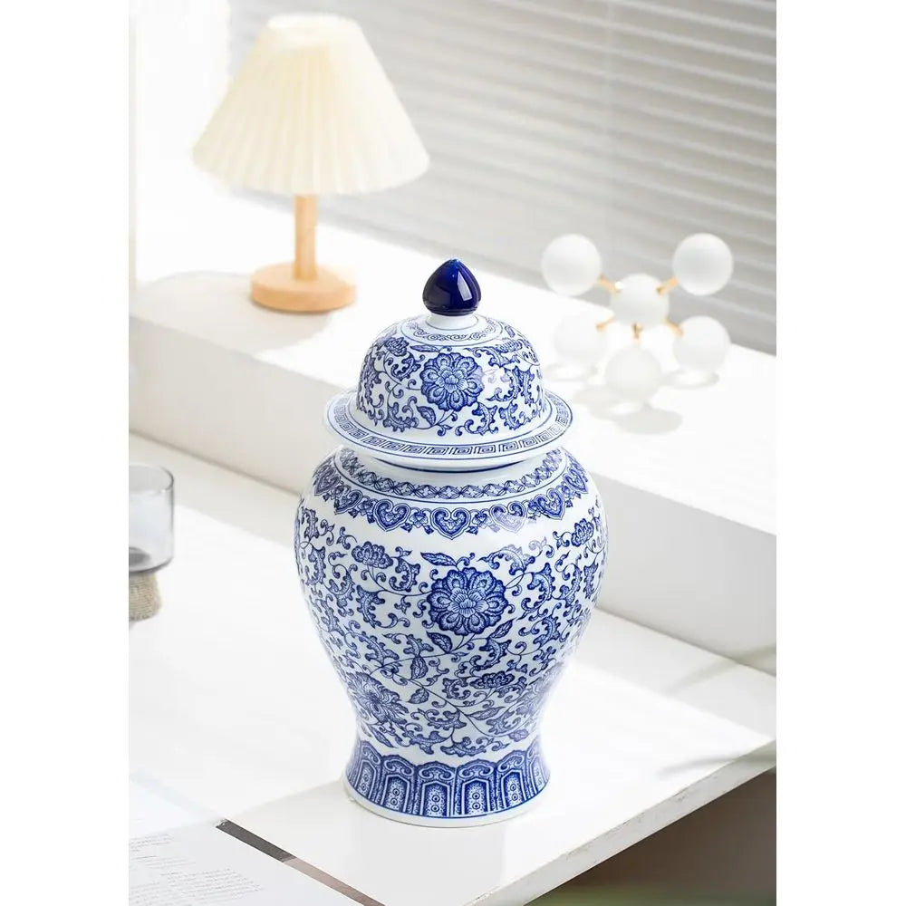 15 Blue & White Porcelain Ginger Jar - Decorative Chinoiserie Vase for Home, Office, Flowers
