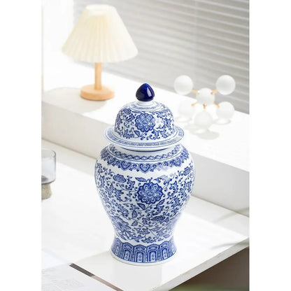 15 Blue & White Porcelain Ginger Jar - Decorative Chinoiserie Vase for Home, Office, Flowers